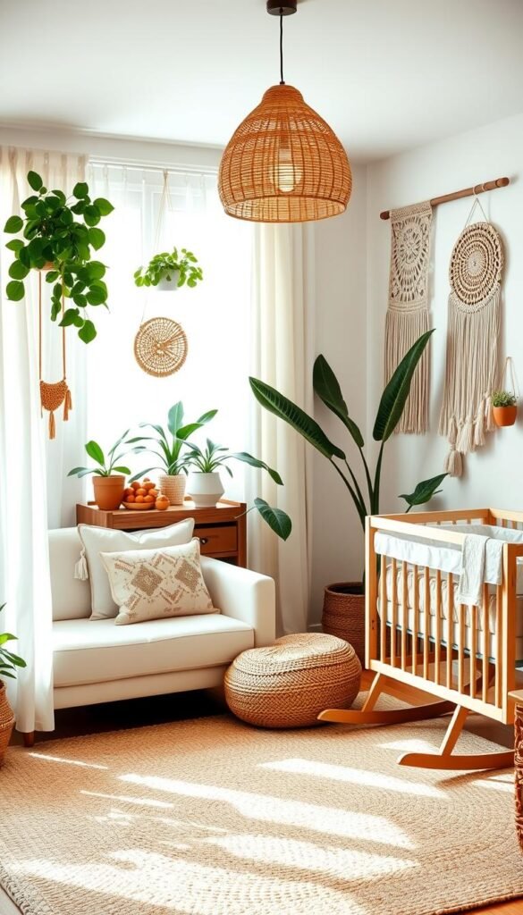 A cozy modern boho nursery for a baby boy, bathed in soft natural light filtering through sheer curtains. A woven area rug anchors the space, complemented by a plush ivory sofa and a mid-century wooden rocking chair. Lush potted plants, macrame wall hangings, and earthy terracotta accents create a serene, organic ambiance. A wooden changing table with rattan baskets stands in the corner, while a minimalist crib is adorned with a tufted neutral-toned quilt. Warm lighting from a rattan pendant lamp casts a gentle glow, evoking a tranquil, nature-inspired haven for the little one.