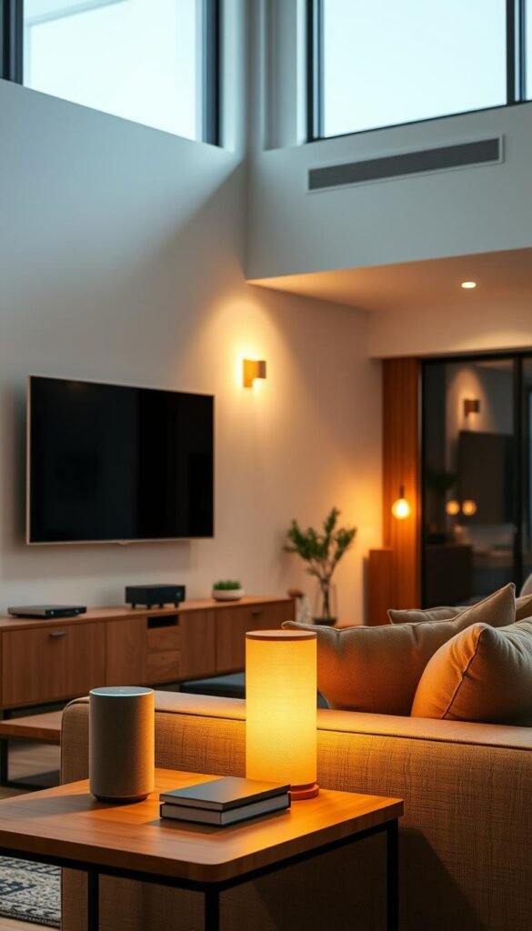 A cozy, modern living room with seamlessly integrated technology.
