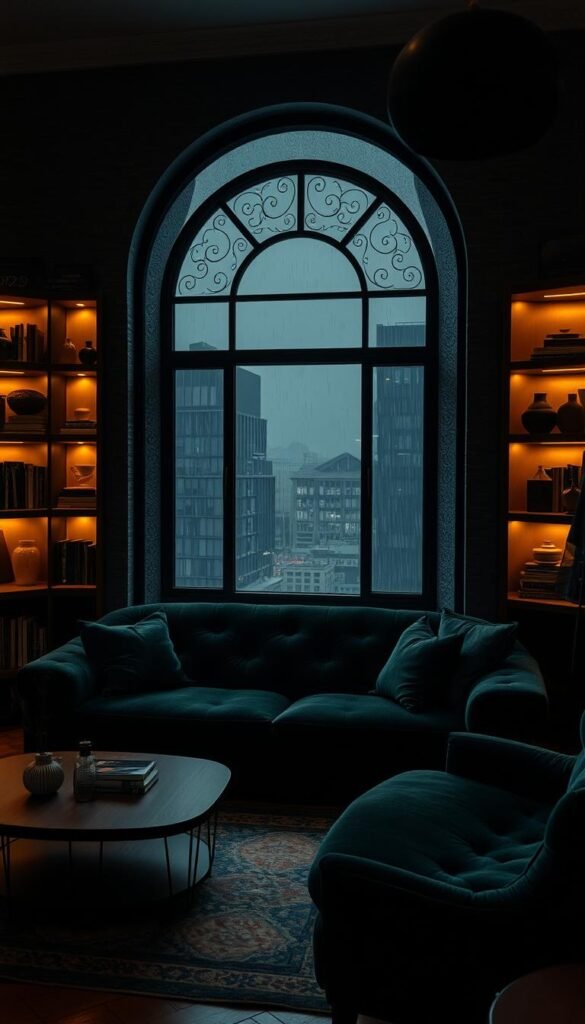 A cozy, moody living room with a plush, velvety sofa in a deep emerald hue, surrounded by dimly lit, wooden shelves filled with books and ceramic accents.