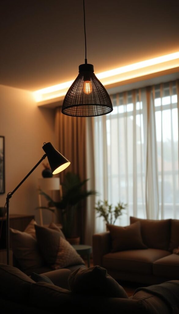 A cozy, organic modern living room with warm, natural lighting.