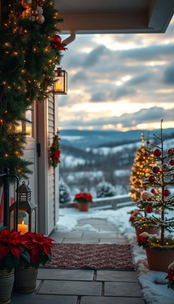 A cozy outdoor holiday scene with a warm, festive atmosphere.