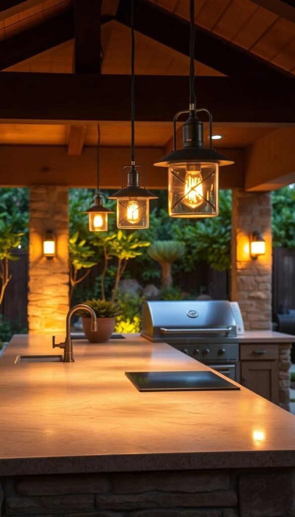 A cozy outdoor kitchen bathed in warm, ambient lighting. Soft, diffused illumination from stylish pendant lamps and path lights, casting a golden glow across the natural stone countertops and rustic wooden accents. In the background, a lush, verdant garden frames the scene, creating a tranquil, inviting atmosphere perfect for al fresco dining and entertaining. The arrangement of lighting fixtures is carefully considered, providing both functional task lighting and a captivating visual aesthetic. An elegant, well-designed outdoor kitchen that seamlessly blends form and function, elevating the backyard experience.