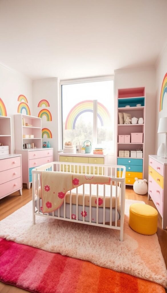 A cozy rainbow-themed nursery with a cheerful and vibrant color palette. In the foreground, a plush, multicolored crib with whimsical floral and cloud motifs sits upon a soft, ombre rug. Surrounding it, a set of coordinating dressers, shelves, and storage units in pastel hues of pink, blue, yellow, and green, creating a cohesive and visually appealing arrangement. The middle ground features a large, airy window allowing natural light to flood the space, casting a warm, ethereal glow. In the background, the walls are adorned with playful, hand-painted rainbow decals, adding to the playful and joyful atmosphere. The entire scene is captured with a wide-angle lens, emphasizing the depth and harmonious integration of the colorful furniture pieces. A cozy rainbow-themed nursery with a cheerful and vibrant color palette. In the foreground, a plush, multicolored crib with whimsical floral and cloud motifs sits upon a soft, ombre rug. Surrounding it, a set of coordinating dressers, shelves, and storage units in pastel hues of pink, blue, yellow, and green, creating a cohesive and visually appealing arrangement. The middle ground features a large, airy window allowing natural light to flood the space, casting a warm, ethereal glow. In the background, the walls are adorned with playful, hand-painted rainbow decals, adding to the playful and joyful atmosphere. The entire scene is captured with a wide-angle lens, emphasizing the depth and harmonious integration of the colorful furniture pieces.