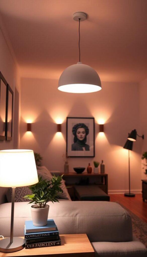 A cozy small living room filled with an assortment of warm, ambient lighting solutions.