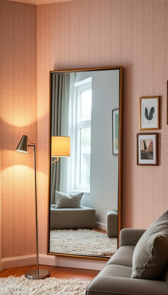 A cozy small living room with a beautifully placed mirror that accentuates the space.