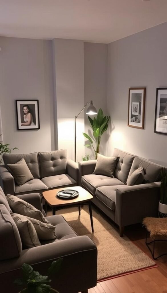 A cozy small living room with two compact sectional sofas arranged in an L-shape.