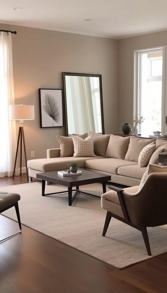 A cozy, sophisticated greige living room with a plush, neutral-toned sectional sofa, accented by textured throw pillows in shades of ivory and taupe.