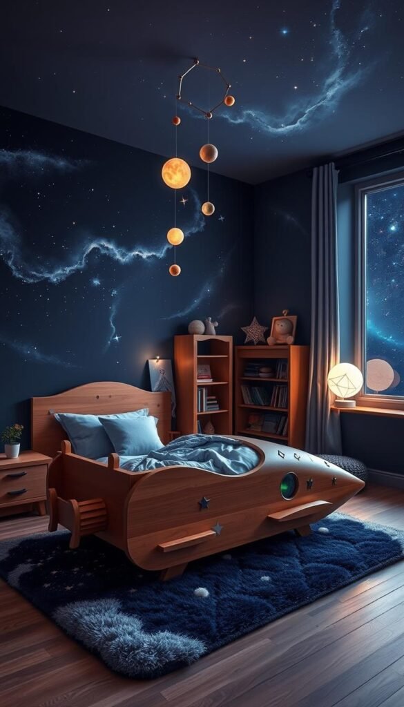 A cozy, space-themed toddler's bedroom. In the foreground, a wooden rocketship-shaped bed, adorned with glow-in-the-dark stars and planets. Floating above it, a mobile of moons and asteroids. In the middle ground, a fluffy galaxy-patterned rug, and a bookshelf stocked with space-themed storybooks. The walls are painted a deep midnight blue, with iridescent nebulae swirling across them. Soft, diffused lighting emanates from a constellation-shaped lamp in the corner, creating a serene, otherworldly atmosphere. In the background, a large window offers a view of the endless starry sky beyond. A cozy, space-themed toddler's bedroom. In the foreground, a wooden rocketship-shaped bed, adorned with glow-in-the-dark stars and planets. Floating above it, a mobile of moons and asteroids. In the middle ground, a fluffy galaxy-patterned rug, and a bookshelf stocked with space-themed storybooks. The walls are painted a deep midnight blue, with iridescent nebulae swirling across them. Soft, diffused lighting emanates from a constellation-shaped lamp in the corner, creating a serene, otherworldly atmosphere. In the background, a large window offers a view of the endless starry sky beyond.