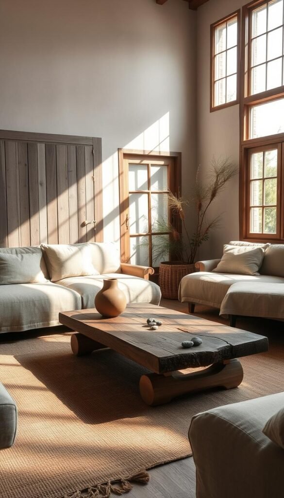 A cozy, sun-dappled living room with a rustic, natural aesthetic.
