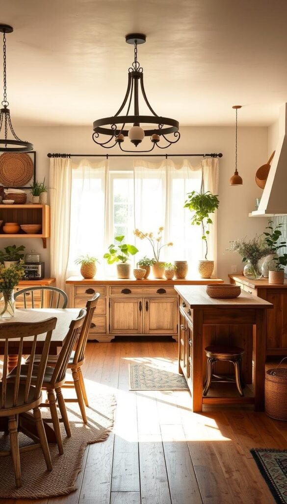 A cozy, sun-drenched boho chic kitchen with an eclectic mix of natural wood furniture and woven accents. In the foreground, a rustic farmhouse-style dining table surrounded by mismatched vintage chairs, their distressed finishes complementing the neutral palette. Overhead, a wrought-iron chandelier casts a warm glow. In the middle ground, a large kitchen island with a butcher block countertop serves as the central gathering space, its openness inviting conversation. Against the back wall, a vintage dresser repurposed as a sideboard displays an array of potted plants and woven baskets. Soft, diffused lighting filters through sheer curtains, creating a relaxed, inviting atmosphere perfect for embracing the bohemian charm.