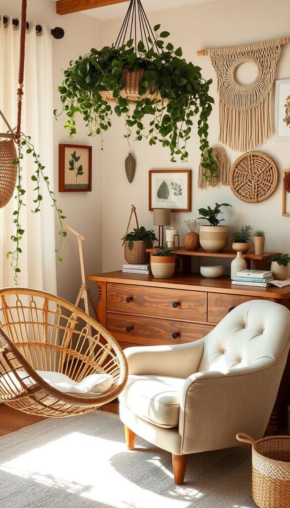 A cozy, sun-drenched boy's nursery filled with natural textures and organic elements. In the foreground, a woven rattan hanging chair sways gently, its supple curves and earthy tones complementing the plush, tufted linen armchair beside it. Across the room, a solid wood dresser anchors the space, its rustic grain and simple design evoking a laid-back, bohemian vibe. On the shelves, ceramic planters hold trailing vines and lush greenery, their muted hues and matte finishes adding to the nurturing, nature-inspired ambiance. Overhead, a macrame plant hanger cascades with verdant foliage, its delicate strands casting soft, dappled shadows. The walls are adorned with a mix of framed botanical prints and woven wall hangings, their earthy tones and organic textures tying the room together in a cohesive, soothing harmony. The lighting is warm and diffused, creating a cocooning, cozy atmosphere perfect for a little one's retreat.