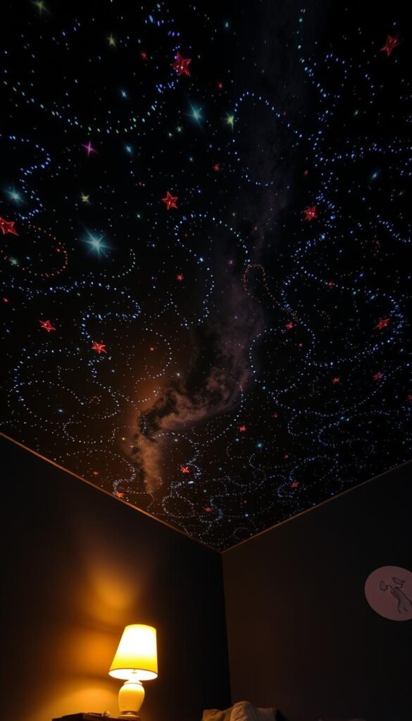 A cozy toddler's bedroom, the ceiling ablaze with a mesmerizing display of glow-in-the-dark stars. Milky Way galaxies and cosmic nebulae dance across the dark expanse, casting a soft, ethereal glow that bathes the room in a dreamlike ambiance. Delicate luminescent trails weave intricate patterns, as if the very heavens have descended to create a magical, celestial wonderland. Warm lighting from a nearby table lamp casts a gentle, inviting radiance, complementing the ethereal celestial display above. The scene is captured through a wide-angle lens, framing the magical space in its entirety, inviting the viewer to gaze upwards and lose themselves in the captivating display. A cozy toddler's bedroom, the ceiling ablaze with a mesmerizing display of glow-in-the-dark stars. Milky Way galaxies and cosmic nebulae dance across the dark expanse, casting a soft, ethereal glow that bathes the room in a dreamlike ambiance. Delicate luminescent trails weave intricate patterns, as if the very heavens have descended to create a magical, celestial wonderland. Warm lighting from a nearby table lamp casts a gentle, inviting radiance, complementing the ethereal celestial display above. The scene is captured through a wide-angle lens, framing the magical space in its entirety, inviting the viewer to gaze upwards and lose themselves in the captivating display.