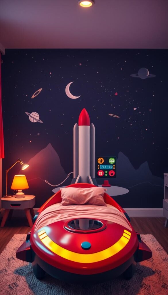 A cozy toddler's bedroom with a vibrant, rocket-themed design. In the foreground, a playful rocket ship-shaped bed, its sleek curves and vibrant colors evoking a sense of adventure. Flanking the bed, two tall, futuristic lamps emit a warm, ambient glow, casting a soft light across the space. The middle ground features a spacious play area, with a miniature launch pad complete with blinking lights and control panels, inviting the child to imagine their own space exploration. In the background, the walls are adorned with a mural depicting a starry night sky, complete with planets, comets, and a crescent moon, creating a captivating celestial atmosphere. The room is bathed in a soft, dreamlike lighting, evoking a sense of wonder and imagination. A cozy toddler's bedroom with a vibrant, rocket-themed design. In the foreground, a playful rocket ship-shaped bed, its sleek curves and vibrant colors evoking a sense of adventure. Flanking the bed, two tall, futuristic lamps emit a warm, ambient glow, casting a soft light across the space. The middle ground features a spacious play area, with a miniature launch pad complete with blinking lights and control panels, inviting the child to imagine their own space exploration. In the background, the walls are adorned with a mural depicting a starry night sky, complete with planets, comets, and a crescent moon, creating a captivating celestial atmosphere. The room is bathed in a soft, dreamlike lighting, evoking a sense of wonder and imagination.
