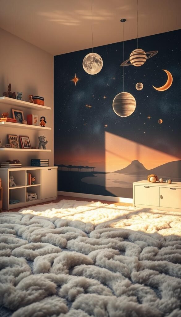 A cozy toddler's room bathed in soft, starry lighting. In the foreground, a fluffy rug resembling a galaxy, with swirling clouds of stardust. Floating shelves display a collection of space-themed toys and books, casting gentle shadows. In the middle ground, a mural depicts a cosmic landscape - distant planets, twinkling nebulae, and a crescent moon illuminating the scene. Hanging from the ceiling, a mobile of translucent planets and moons casts mesmerizing shadows on the walls. The overall atmosphere is one of wonder, enchantment, and a sense of adventure, perfect for a young explorer's imagination. A cozy toddler's room bathed in soft, starry lighting. In the foreground, a fluffy rug resembling a galaxy, with swirling clouds of stardust. Floating shelves display a collection of space-themed toys and books, casting gentle shadows. In the middle ground, a mural depicts a cosmic landscape - distant planets, twinkling nebulae, and a crescent moon illuminating the scene. Hanging from the ceiling, a mobile of translucent planets and moons casts mesmerizing shadows on the walls. The overall atmosphere is one of wonder, enchantment, and a sense of adventure, perfect for a young explorer's imagination.