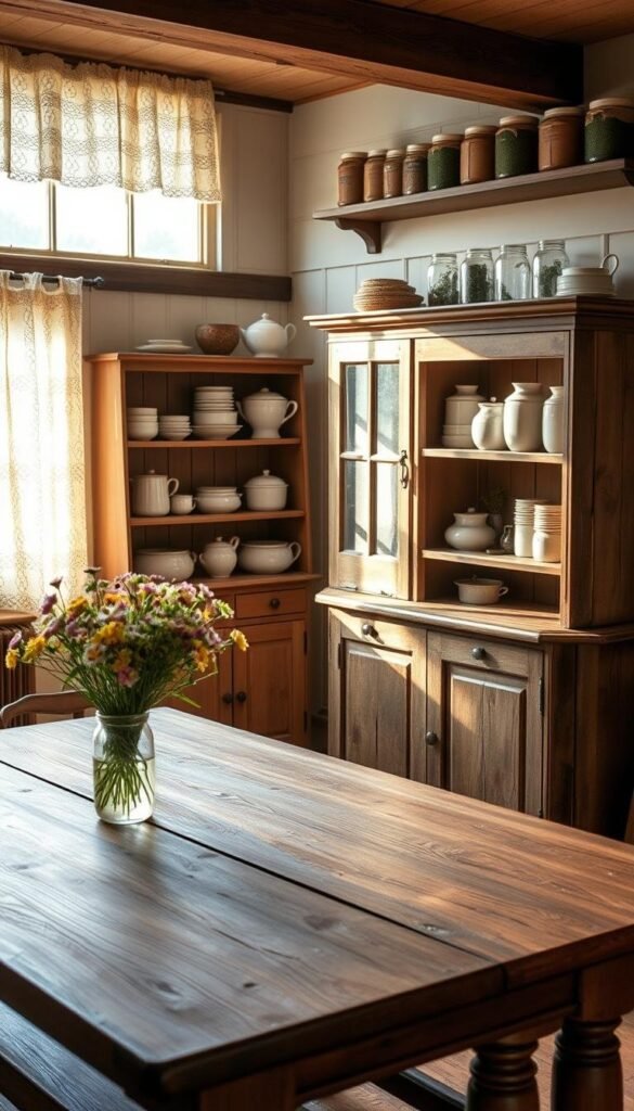A cozy vintage farmhouse kitchen, bathed in warm natural light filtering through lace curtains. In the foreground, a sturdy oak table with turned legs and a worn farmhouse bench. Atop the table, a vase of freshly picked wildflowers. In the middle ground, a freestanding rustic hutch displaying antique ceramics and jars. The walls are adorned with weathered wooden shelves holding aged cookbooks and mason jars filled with herbs. The overall atmosphere is one of timeless charm and homespun elegance.