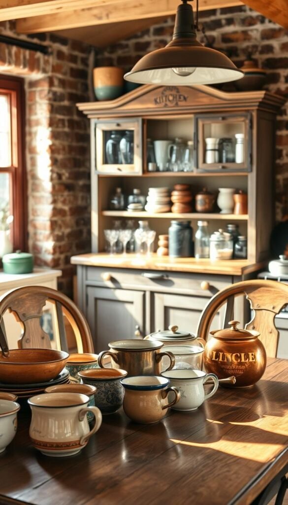 A cozy vintage kitchen setting with a rustic wooden table and chairs, adorned with an assortment of collectible kitchenware. In the foreground, a mix of antique ceramic bowls, enamel mugs, and copper pots are neatly arranged, casting warm reflections under soft, natural lighting filtering through a nearby window. In the middle ground, a weathered wooden hutch displays a collection of vintage glassware, tin canisters, and antique spice jars. The background features exposed brick walls and a pendant lamp with a retro design, creating a charming, timeless ambiance that evokes the spirit of a well-loved, lived-in kitchen.