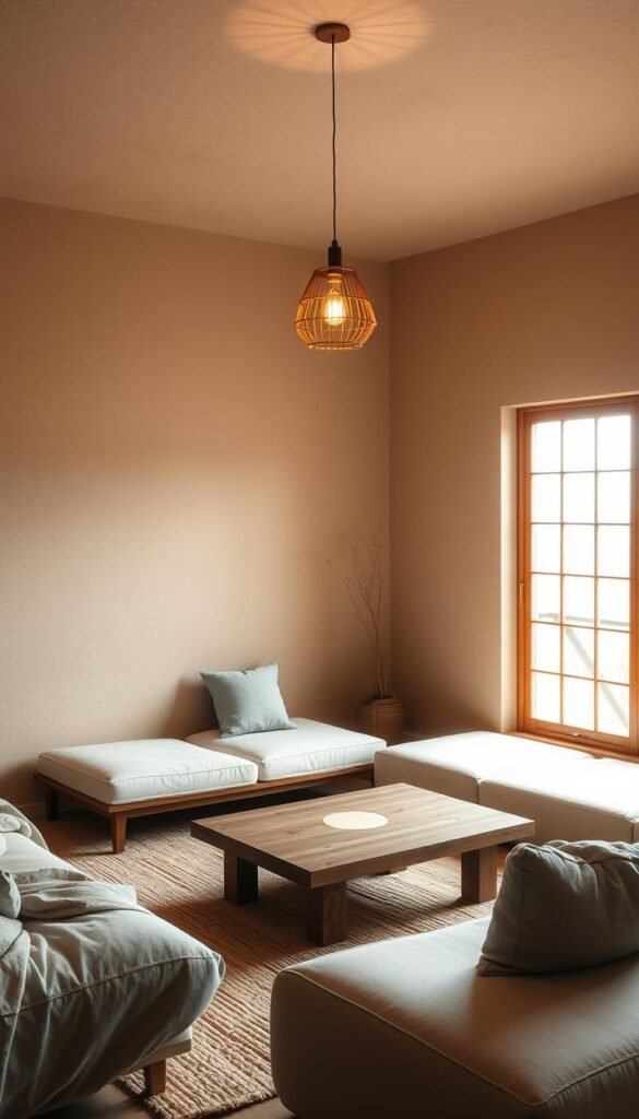 A cozy wabi sabi living room with warm, natural lighting illuminating the space.
