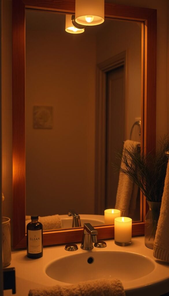 A cozy, warm-lit bathroom mirror, its surface gently reflecting the soft glow of candles and a muted overhead light.