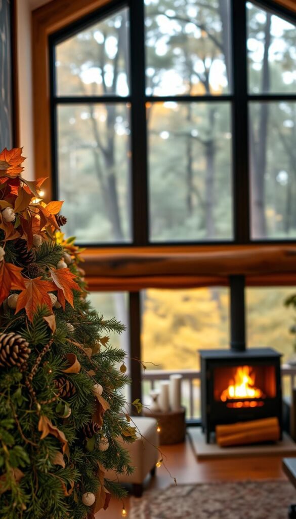 A cozy, warm-lit living room filled with natural elements that evoke the beauty of the outdoors.