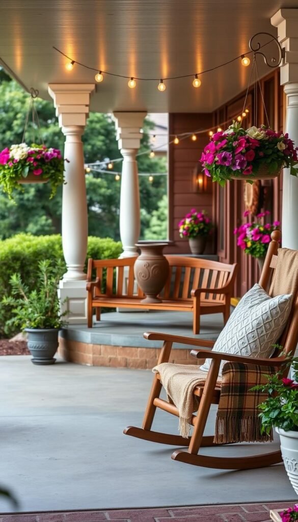 A cozy, well-decorated front porch with a welcoming atmosphere. In the foreground, a pair of comfortable rocking chairs adorned with plush cushions and throws, inviting visitors to sit and relax. In the middle ground, a wooden bench accented with potted plants and a decorative urn. The background features a charming wooden porch with ornamental columns, hanging baskets overflowing with vibrant flowers, and string lights creating a warm, inviting glow. The overall scene exudes a sense of hominess and hospitality, perfectly capturing the essence of "Creating an Inviting Entryway". Soft, natural lighting illuminates the space, lending a serene and inviting ambiance.