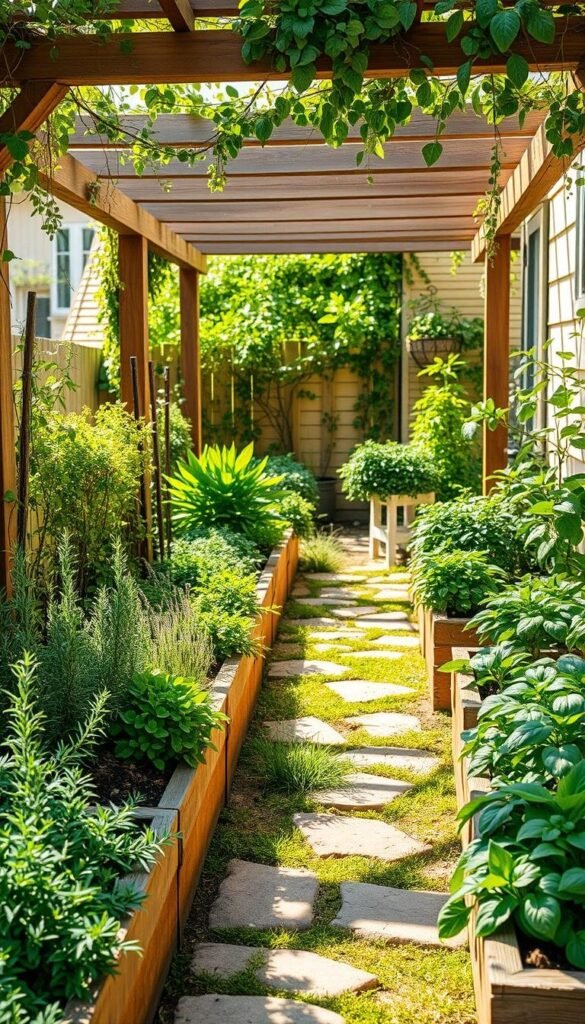 A cozy, well-designed herb garden nestled in a sunlit corner, featuring an array of lush, vibrant greens. The foreground showcases neatly arranged raised garden beds, overflowing with thriving rosemary, thyme, and basil plants. The middle ground presents a charming stone pathway winding through the verdant layout, inviting exploration. In the background, a wooden pergola adorned with cascading vines provides a picturesque backdrop, casting a warm, gentle light over the entire scene. The overall composition radiates a sense of tranquility and invites the viewer to imagine the soothing, earthy scents of the herbs. Crisp, high-resolution, cinematic lighting, and a slightly elevated camera angle to capture the harmonious layout.