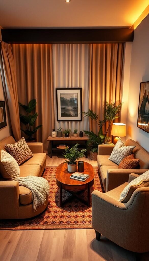 A cozy, well-furnished small living room with a plush sofa, armchair, and coffee table arranged in a cohesive layout that maximizes the available space.