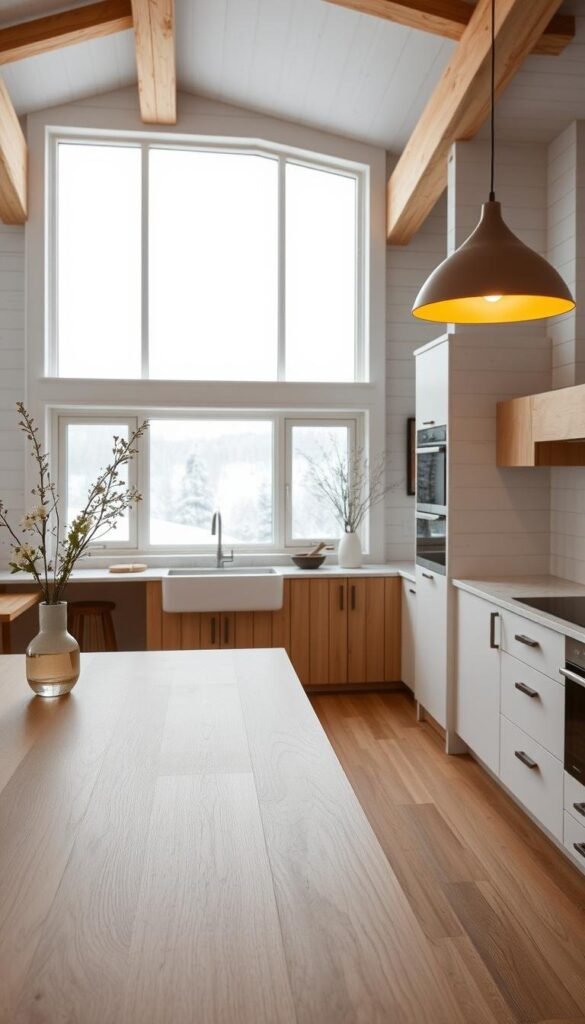 A cozy, well-lit Scandinavian-style kitchen with clean lines, natural wood accents, and a mix of modern and traditional elements. In the foreground, a large wooden kitchen island with a smooth marble countertop, surrounded by sleek white cabinets. Carefully curated decor items, such as a minimalist vase with fresh flowers, lend a touch of hygge. The middle ground features floor-to-ceiling windows that flood the space with soft, diffused natural light, offering a glimpse of a serene, snow-covered landscape outside. The background showcases a mix of textured materials, including exposed beams, white-washed wooden walls, and a statement pendant light fixture that casts a warm, inviting glow.