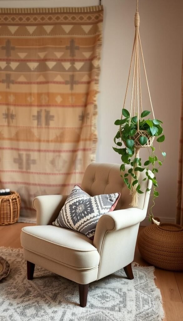 A cozy, well-lit boho nursery filled with a mix of mudcloth and kilim textiles in a neutral color palette. The background features a large, distressed kilim rug in warm tones of beige, tan, and gray, anchoring the space. In the foreground, a plush, tufted armchair is adorned with a mudcloth throw pillow, its intricate geometric patterns adding visual interest. Hanging on the wall, a woven macrame plant holder frames a lush, trailing houseplant. Soft, directional lighting casts a gentle glow, creating a serene, tranquil atmosphere.