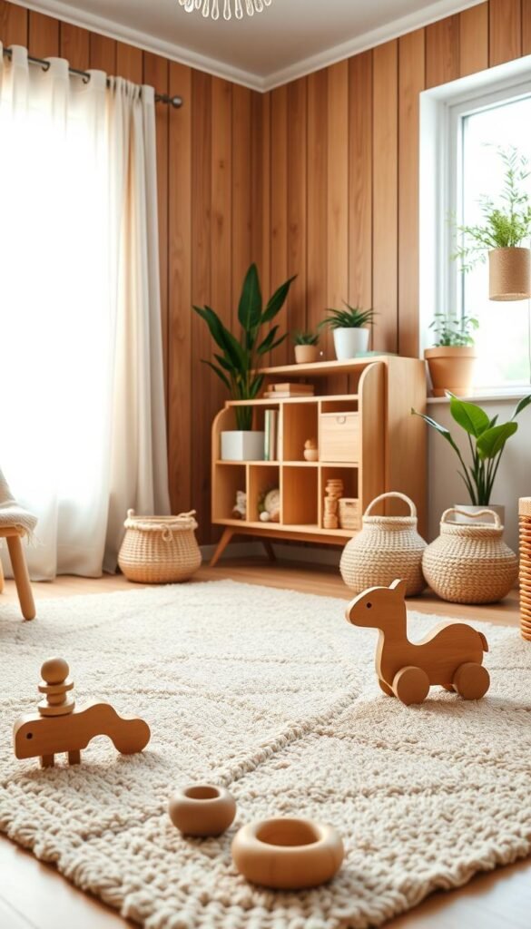 A cozy, well-lit boho-style nursery with a wooden accent wall. In the foreground, a collection of sustainable wooden toys, including a rattle, stacking rings, and a pull-along animal. Midground features a plush neutral-toned rug, a handcrafted wooden bookshelf, and a few woven baskets. The background showcases a large window letting in soft natural light, sheer curtains, and potted plants adding a natural, calming ambiance. The overall scene exudes a warm, organic, and serene atmosphere, perfect for a tranquil nursery space.