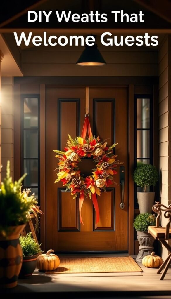 A cozy, well-lit front porch adorned with a stunning DIY fall wreath, handcrafted from an assortment of natural elements. The wreath, a harmonious blend of vibrant autumn foliage, pinecones, and ribbons, hangs elegantly on the wooden door, welcoming guests with a warm, inviting atmosphere. Soft, diffused lighting illuminates the scene, casting a gentle glow and highlighting the intricate details of the wreath's design. The porch's surroundings feature rustic wooden furniture and potted plants, complementing the autumnal theme. The overall composition exudes a charming, homely vibe, perfectly capturing the essence of "Wreaths That Welcome Guests" for a fall front porch display. A cozy, well-lit front porch adorned with a stunning DIY fall wreath, handcrafted from an assortment of natural elements. The wreath, a harmonious blend of vibrant autumn foliage, pinecones, and ribbons, hangs elegantly on the wooden door, welcoming guests with a warm, inviting atmosphere. Soft, diffused lighting illuminates the scene, casting a gentle glow and highlighting the intricate details of the wreath's design. The porch's surroundings feature rustic wooden furniture and potted plants, complementing the autumnal theme. The overall composition exudes a charming, homely vibe, perfectly capturing the essence of "Wreaths That Welcome Guests" for a fall front porch display.