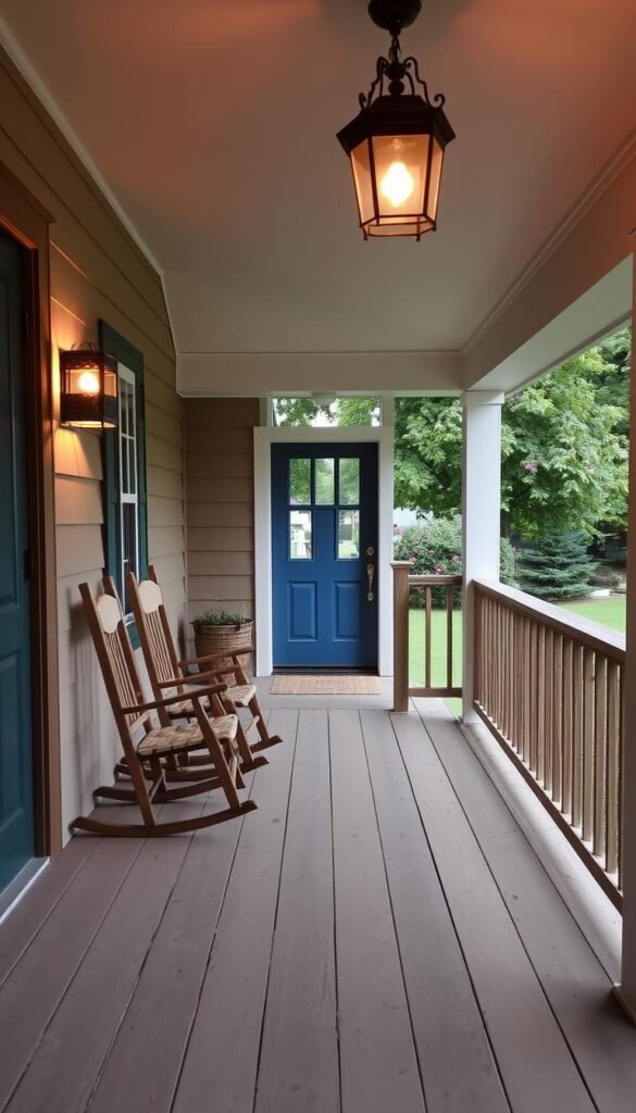 A cozy, well-lit front porch with a charming addition, featuring a rustic wooden railing and a pair of inviting rocking chairs. The porch's floor is made of weathered wood planks, leading to a neatly manicured lawn and lush greenery in the background. Soft, warm lighting from a hanging pendant fixture casts a welcoming glow, creating a peaceful and inviting atmosphere. The front door is painted in a vibrant, contrasting color, drawing the eye and adding a touch of personality. The overall scene conveys a sense of comfort, relaxation, and the importance of creating an inviting outdoor space that reflects the home's character. A cozy, well-lit front porch with a charming addition, featuring a rustic wooden railing and a pair of inviting rocking chairs. The porch's floor is made of weathered wood planks, leading to a neatly manicured lawn and lush greenery in the background. Soft, warm lighting from a hanging pendant fixture casts a welcoming glow, creating a peaceful and inviting atmosphere. The front door is painted in a vibrant, contrasting color, drawing the eye and adding a touch of personality. The overall scene conveys a sense of comfort, relaxation, and the importance of creating an inviting outdoor space that reflects the home's character.