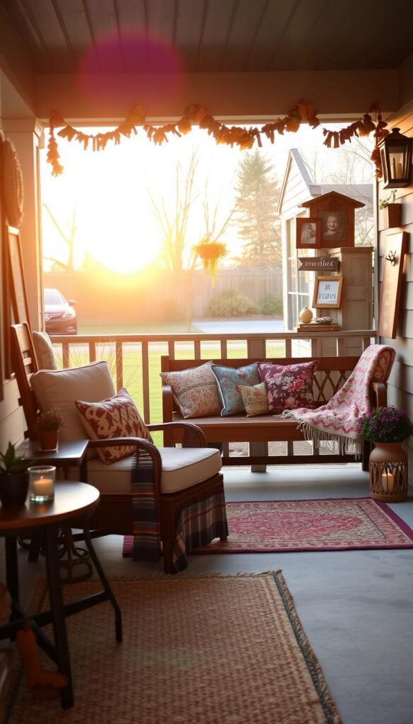 A cozy, well-lit front porch with a variety of personal decor items arranged in a harmonious, inviting display. In the foreground, a woven area rug, a comfy armchair, and a side table with a potted plant and a decorative candle. In the middle ground, a sturdy wooden bench adorned with colorful throw pillows and a knitted blanket. Along the porch railing, a selection of framed photographs, dried floral garlands, and weathered wooden signs with inspirational messages. The background features a warm, golden sunset casting a soft glow over the entire scene, creating a welcoming and intimate atmosphere.