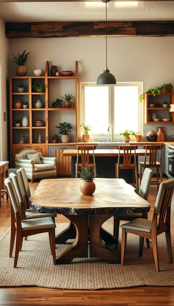 A cozy, well-lit kitchen setting with earthy, sustainable furniture pieces arranged harmoniously. In the foreground, a solid wood dining table with a live-edge top and sturdy, tapered legs sits atop a natural woven area rug. Clustered around it are a set of high-backed, upholstered dining chairs with wooden frames and neutral-toned fabrics. In the middle ground, a wooden kitchen island with a butcher-block countertop serves as a central gathering point, complemented by simple, minimalist bar stools. The background features tall, open shelving units crafted from reclaimed wood, displaying an assortment of potted plants and artisanal ceramics. Warm, diffused lighting filters through large windows, casting a soft, inviting glow throughout the space.