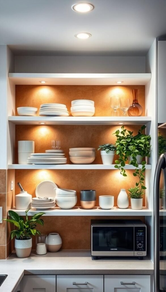 A cozy, well-lit kitchen with crisp white open shelves showcasing a curated display of sleek ceramic dishes, artisanal glassware, and lush potted plants. The shelves are positioned against a warm, earthy-toned backsplash that creates a inviting, organic ambiance. Soft, diffused lighting from above casts a gentle glow, highlighting the natural textures and colors of the kitchen essentials. The overall composition emphasizes the airy, spacious feel of the compact space, making it feel bright, uncluttered, and visually appealing.