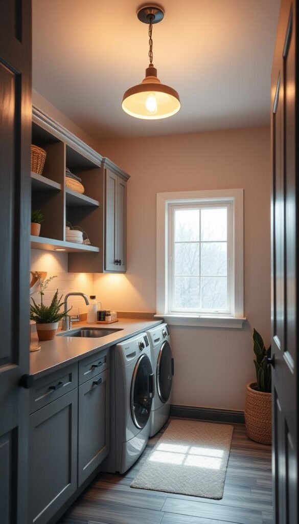 A cozy, well-lit laundry room with an inviting ambiance. Soft, warm lighting from a central pendant fixture casts a gentle glow over the space, complemented by task lighting under the cabinets and along the shelves. Natural light streams in through a large window, illuminating a neatly organized workspace with a sleek, modern washer and dryer. The room has a harmonious color palette of muted grays and whites, accented by touches of wood and greenery. The lighting creates a calming, serene atmosphere, perfect for tackling household chores with ease.