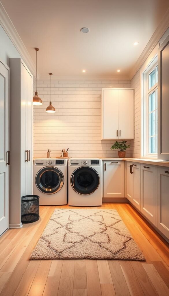 A cozy, well-lit laundry room with soft, warm lighting emanating from recessed ceiling fixtures and pendant lamps, casting a gentle glow on the white subway tile walls and sleek, minimalist cabinetry. The room has a large window that fills the space with natural daylight, complementing the artificial illumination. The floor is a clean, light-colored hardwood, and a plush, absorbent rug sits in front of the washer and dryer, inviting a barefoot stroll. The overall atmosphere is bright, airy, and welcoming, creating a pleasant environment for daily chores.