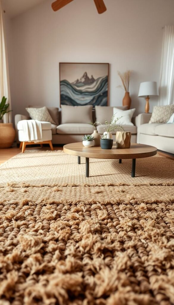 A cozy, well-lit living room with a plush, earthy floor covering in the foreground.