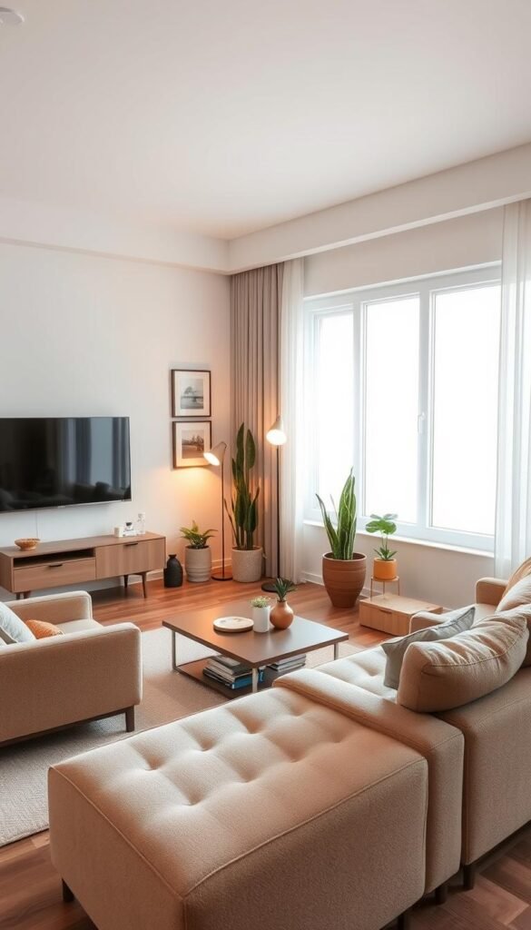 A cozy, well-lit small living room featuring a minimalist, modern design.