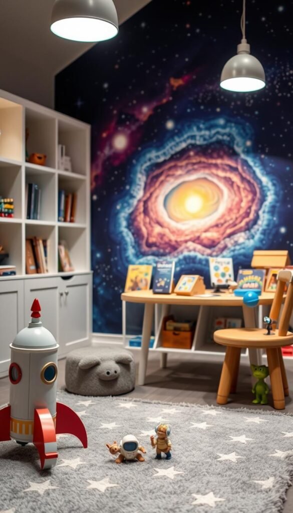 A cozy, well-lit toddler's space exploration play area. In the foreground, a miniature rocket ship and astronaut figurines adorn a plush, star-patterned rug. Nearby, a table with magnifying glasses, telescopes, and alien figurines invites little explorers to investigate the cosmos. The middle ground features built-in bookshelves stocked with space-themed children's books and educational toys. The background showcases a colorful mural depicting a vibrant, swirling galaxy, illuminated by a soft, diffused overhead lighting that casts a warm, dreamlike glow throughout the room. A cozy, well-lit toddler's space exploration play area. In the foreground, a miniature rocket ship and astronaut figurines adorn a plush, star-patterned rug. Nearby, a table with magnifying glasses, telescopes, and alien figurines invites little explorers to investigate the cosmos. The middle ground features built-in bookshelves stocked with space-themed children's books and educational toys. The background showcases a colorful mural depicting a vibrant, swirling galaxy, illuminated by a soft, diffused overhead lighting that casts a warm, dreamlike glow throughout the room.