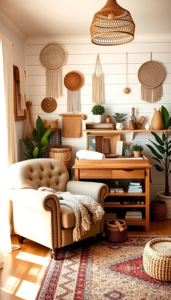 A cozy, well-organized boho nursery bathed in warm, natural light. In the foreground, a plush, tufted armchair with a chunky knit throw invites relaxation. Surrounding it, a variety of woven baskets, macrame wall hangings, and potted plants create a soothing, earthy ambiance. In the middle ground, a sturdy, wooden changing table with ample shelving provides practical storage solutions. The background features a shiplap accent wall, complemented by a boho-inspired rug and a rattan pendant light. The overall scene exudes a harmonious, lived-in feel, blending form and function seamlessly.