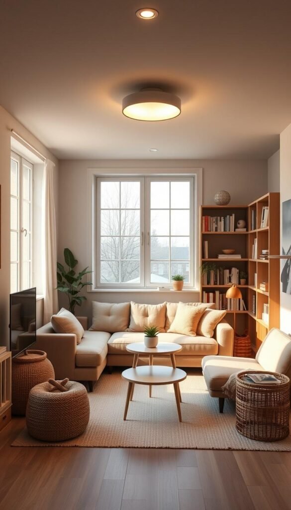 A cozy, well-organized compact living room with a minimalist, Scandinavian-inspired design.