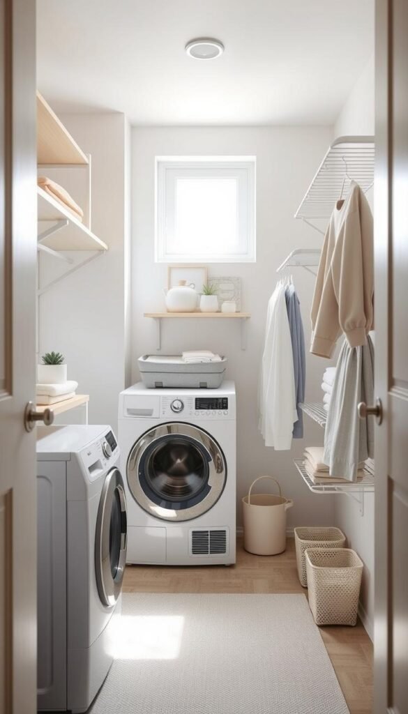 A cozy, well-organized laundry room in soft, muted tones. The foreground features a compact, modern washer and dryer stacked neatly, accompanied by minimalist shelving and storage solutions optimized for the limited space. The middle ground showcases cleverly integrated drying racks, hanging rods, and folding surfaces that make efficient use of every inch. In the background, natural light filters in through a small window, creating a bright, airy atmosphere and highlighting the room's thoughtful design. The overall impression is one of order, functionality, and a seamless blend of form and function - a practical yet visually appealing solution for the challenges of a tiny laundry space.
