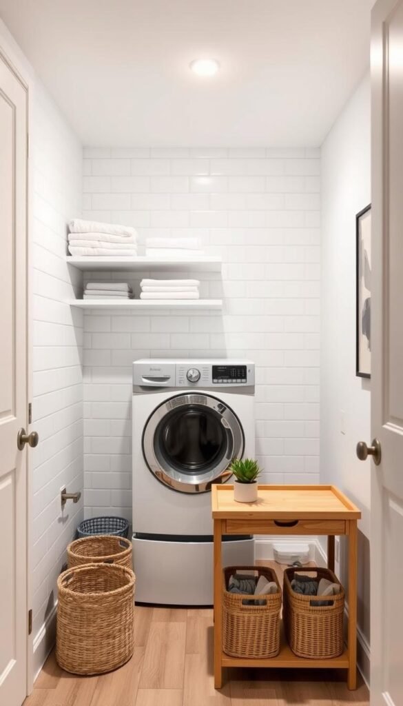 A cozy, well-organized laundry room with a modern, minimalist design. A front-loading washer and dryer set against a crisp white tiled wall, accented by sleek floating shelves displaying neatly folded linens. A recessed light fixture casts a warm, ambient glow, complementing the natural wood tones of a compact utility table and woven baskets for storage. The room is adorned with simple, decorative elements like a potted succulent and a framed piece of abstract art, creating a harmonious, efficient, and visually pleasing space.