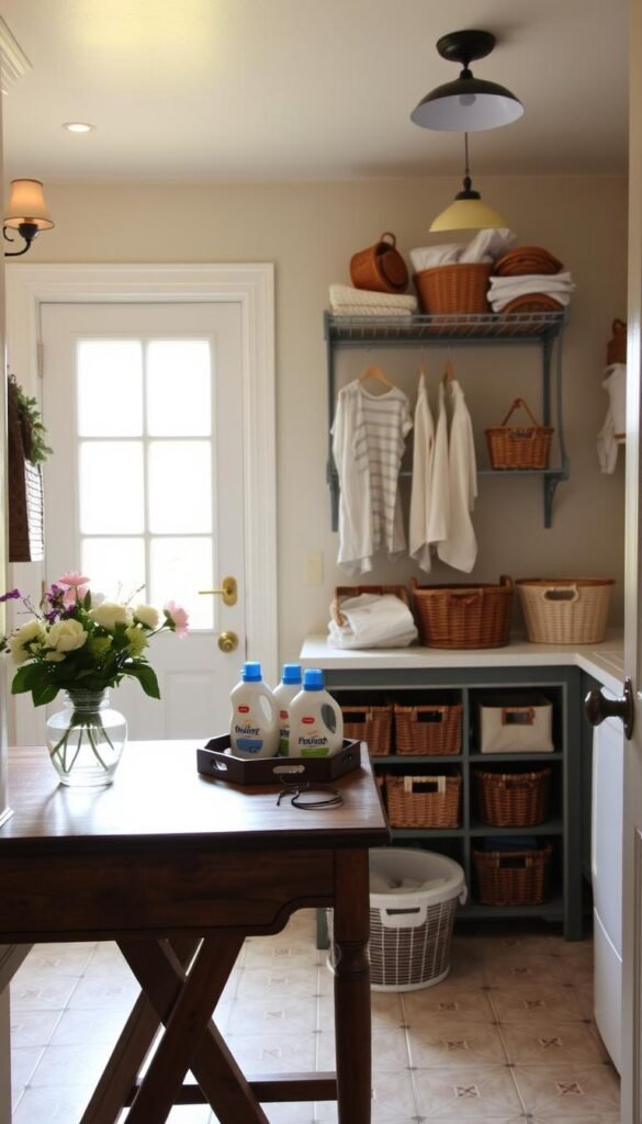 A cozy, well-organized laundry room with a warm, inviting atmosphere. In the foreground, an antique-style wooden folding table is adorned with personal touches like a vase of fresh flowers, a family photo, and a decorative tray holding laundry detergents. The middle ground features a vintage-inspired wall-mounted drying rack, complemented by neatly arranged baskets and bins for sorting and storing clean clothes. The background showcases a tiled floor and natural light streaming in through a large window, creating a bright and airy ambiance. Soft lighting from sconce fixtures and a pendant lamp add to the overall mood, making this space both functional and visually appealing.