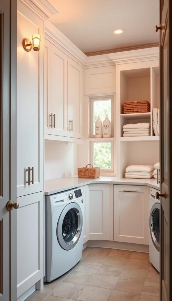 A cozy, well-organized laundry room with custom white wood cabinets and shelves. The cabinets have a sleek, minimalist design with clean lines and brushed metal hardware. The shelves are stacked with neatly folded towels, detergents, and other laundry essentials. Soft, warm lighting from sconces casts a gentle glow, creating a calming atmosphere. The room has a bright, airy feel with large windows letting in natural light. The floor is covered in simple, yet durable tile in a neutral tone. The overall aesthetic is functional, yet visually appealing, showcasing clever storage solutions for a compact laundry space.