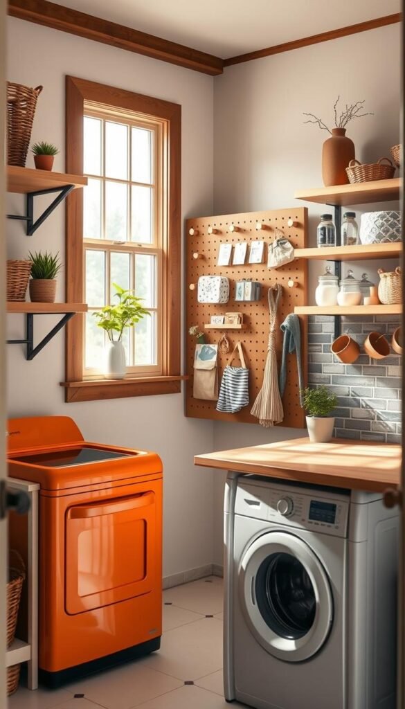 A cozy, well-organized laundry room with natural light streaming through a large window. The room features wooden shelves, wicker baskets, and small potted plants, creating a warm, inviting atmosphere. The foreground showcases a compact, retro-style washer and dryer in a vibrant color, complemented by a sleek, minimalist folding table. In the middle ground, a charming pegboard displays an assortment of DIY-inspired accessories, such as handmade fabric softener sachets and a custom-made drying rack. The background reveals a stylish tile backsplash, adding a touch of sophistication to the space. The overall lighting is soft and inviting, capturing the essence of a personalized, small-scale laundry room makeover.