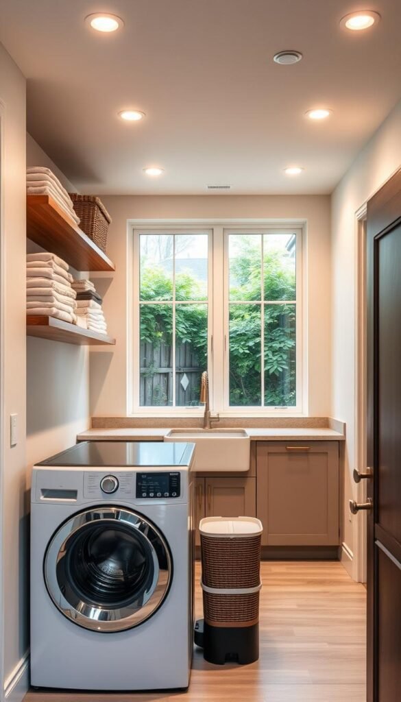 A cozy, well-organized laundry room with smart storage solutions. In the foreground, a front-loading washer and dryer sit side-by-side, their clean lines and muted colors complementing the room's minimalist aesthetic. Floating shelves above hold neatly folded linens and baskets for sorting. The middle ground features a compact utility sink and countertop, providing ample workspace for folding and prepping clothes. Soft, diffused lighting from recessed ceiling fixtures casts a warm glow, while large windows in the background offer natural illumination and a glimpse of a lush, verdant garden outside. The overall atmosphere conveys a sense of efficiency and tranquility, perfect for streamlining the laundry process.
