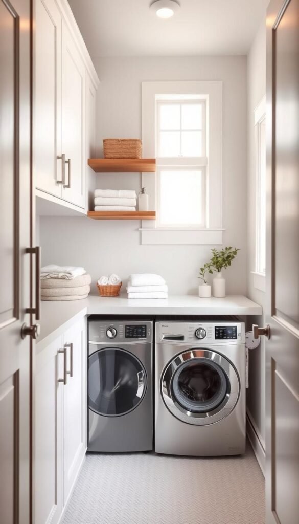 A cozy, well-organized tiny laundry room with minimalist white cabinetry, a sleek stainless steel washer and dryer, and wooden accent shelves. Soft, diffused natural lighting filters through a window, casting a warm glow over the space. The room is meticulously tidy, with only essential items like neatly folded towels, a basket of clean clothes, and a few decorative accents visible. The overall atmosphere is one of calm, functional efficiency, perfectly suiting the "Tips for Maintaining a Clutter-Free Space" section of the article. A cozy, well-organized tiny laundry room with minimalist white cabinetry, a sleek stainless steel washer and dryer, and wooden accent shelves. Soft, diffused natural lighting filters through a window, casting a warm glow over the space. The room is meticulously tidy, with only essential items like neatly folded towels, a basket of clean clothes, and a few decorative accents visible. The overall atmosphere is one of calm, functional efficiency, perfectly suiting the "Tips for Maintaining a Clutter-Free Space" section of the article.