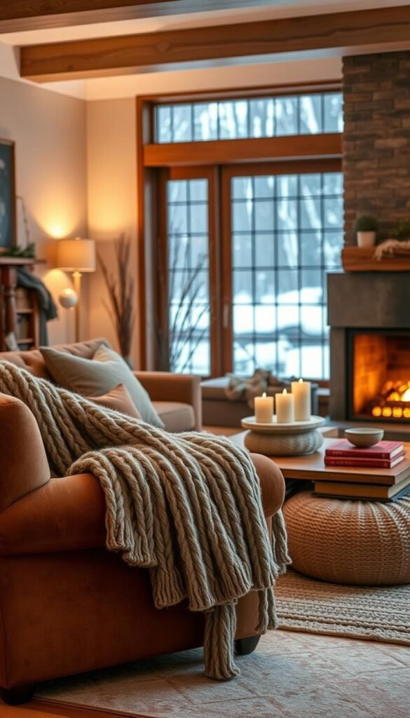 A cozy winter living room with heavy textiles and warm lighting.