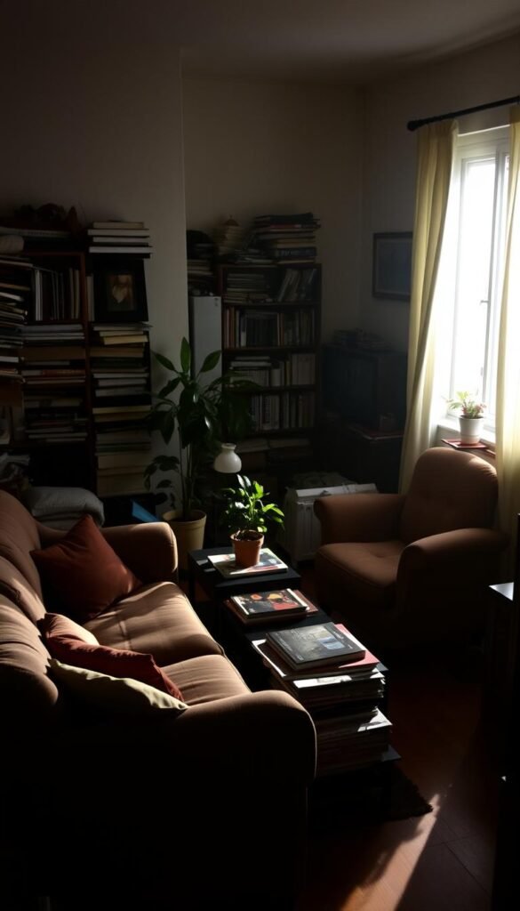 A cozy yet cluttered living room, filled with furnishings that struggle to fit the confined space.